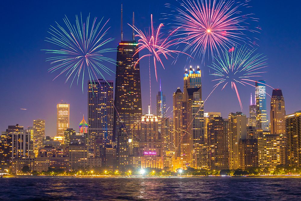 USA-Illinois-Chicago Composite of downtown skyline and fireworks art print by Jaynes Gallery for $57.95 CAD